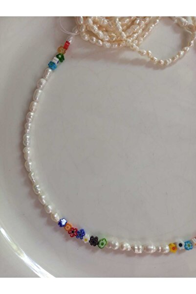 Mudita Tasarım 3/4 mm gerçek doğal tatlı su arpa inci , cam murano yaz çicekleri tasarım kolye