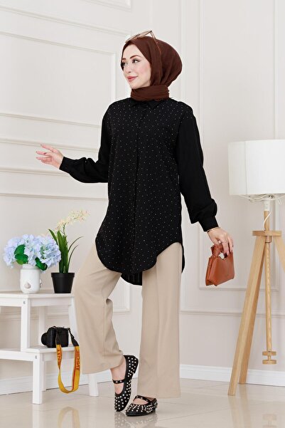 Sevitli Bust Stone Detailed Oversize Tunic-Black