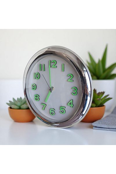 Bahat Phosphorescent Chrome Metallic Silver Look Small Wall Clock Diameter 25 cm White