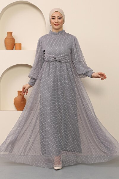 Missvalle Pearl Detailed Tulle Evening Dress Gray Msw12238