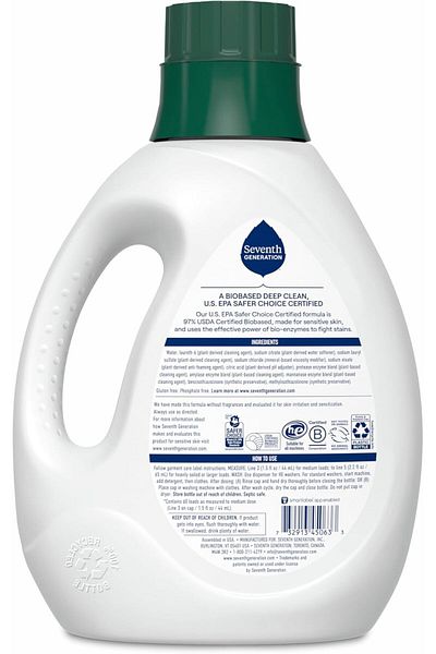 Seventh Generation Liquid Laundry Detergent, Free & Clear, 60 Loads, USDA Certified 97% Biobased, 2.6L
