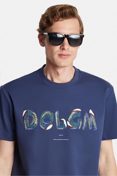 Tudors Relax Fit Relaxed Fit Cotton Front Print and Embroidery Detail Crew Neck Indigo Men's T-Shirt