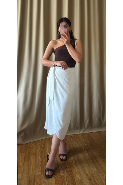 NO BRAND Kadın Beyaz Keten Bağlamalı Midi boy Etek