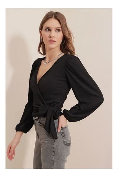 Generic Black V-neck Blouse With Bow