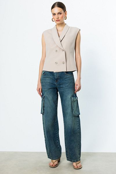 Mi Pret a Porter Mi Cargo Pocket Wide Denim Trousers with Elastic Waist