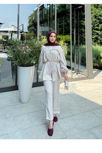 Miraydın Butik Γυναικείο Σετ Μπλούζα με Κορδόνια M41275 - Πέτρα