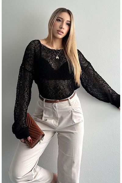 fujya Pulover transparent negru din plasă de insecte