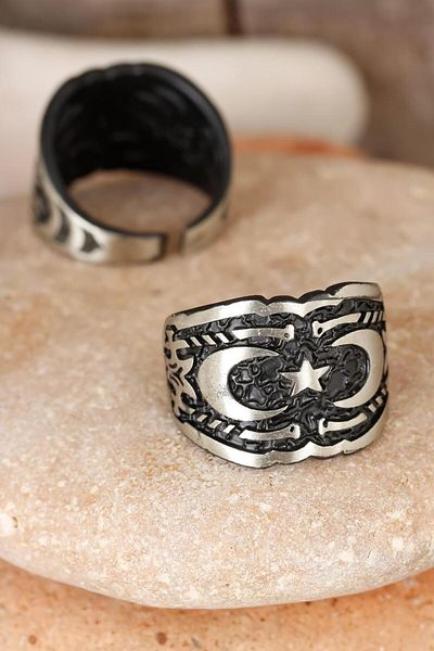 Moco Double Crescent Figured Square Smoked Gray Color Adjustable Men's Ring