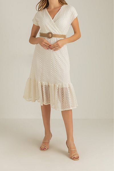 Neşeli Butik Women's Ecru Straw Belt Lace Dress Dk0001