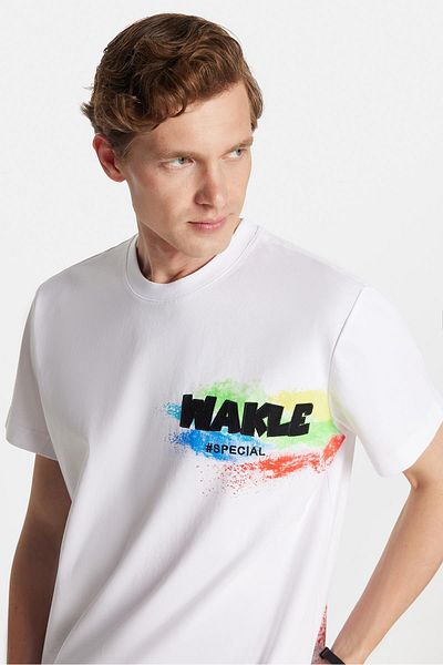 Tudors Relax Fit Relaxed Fit Cotton Front and Back Print and Embroidery Detail Crew Neck White Men's T-Shirt
