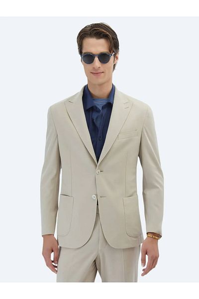 Kip Beige Plain Modern Fit 100% Cotton Knitted Suit