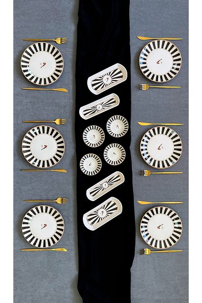 Erbaşlar Love Bird Black Round 14 Piece Luxury Breakfast Set for 6 People Breakfast Set