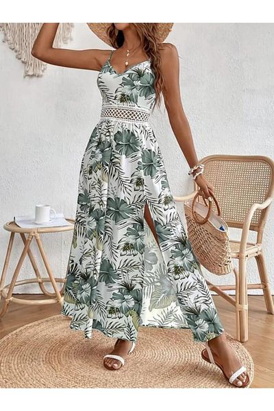 Elaxi Rochie maxi din jerseu cu decolteu în V pentru femei, cu curea de frânghie, cu model de flori, cu fantă laterală