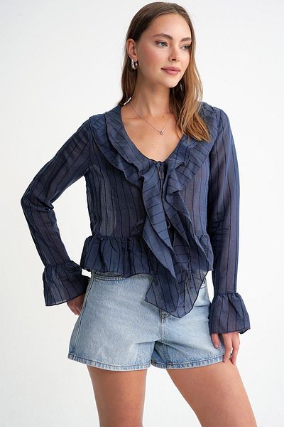 Mixray 4710 Women's Flounced Transparent Bolero Blouse Navy Blue