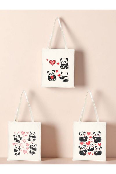 lili hediyelik Panda and Heart Printed Cloth Bag 3-Piece Shoulder Bag - Women's Bag