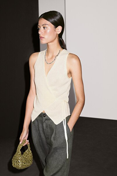 Massimo Dutti Bağcıklı kruvaze triko yelek