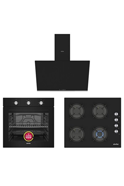 Simfer 4 Fonksiyon Trend Mekanik Siyah Cam 3'lü Ankastre Set ( Fırın + Ocak + Davlumbaz)