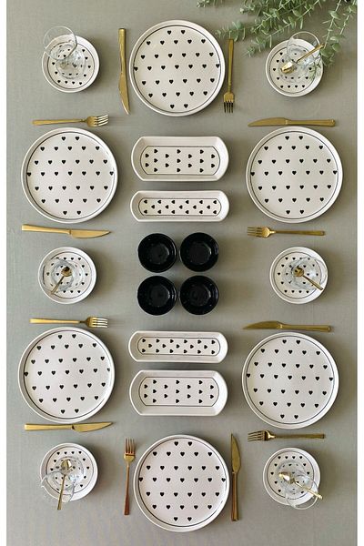 VENÜS HOME DECORATION Love Pattern Black 20 Piece Breakfast Set for 6 People (with Sauce Bowl)