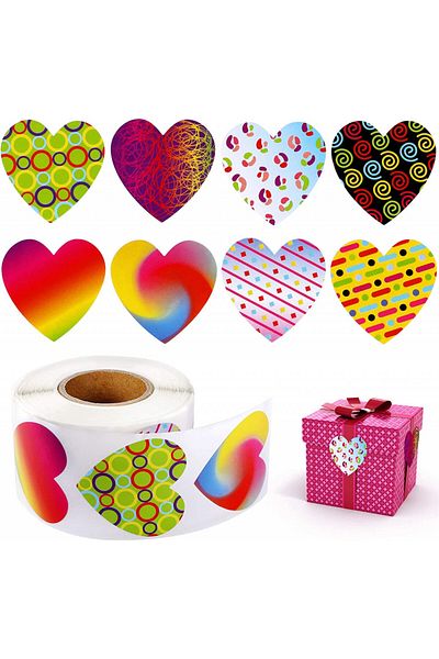 Qpout Set de 500 de autocolante Qpout în formă de inimă, hârtie de înaltă calitate, multicolore, 4 x 4 cm