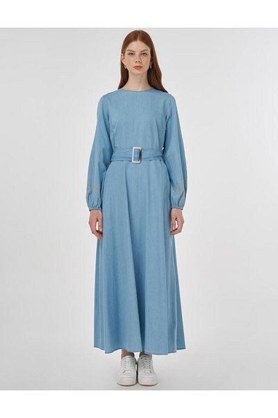 Kayra Λεπτομερές βαμβακερό φόρεμα με πόρπη Ice Blue