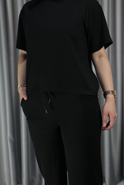 Giyimodam Women's Crew Neck Modal Fabric Black Double Suit