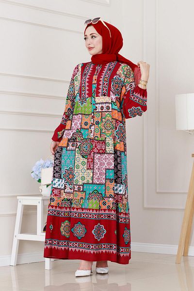 Sevitli Half Button Robe Patch Pattern Dress-Burgundy