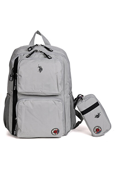 U.S. Polo Assn. يو اس بولو اسن. Plcan24008 حقيبة ظهر مدرسية وعادية + مجموعة حامل أقلام رمادية