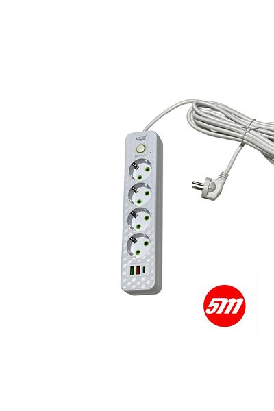 COBI SMART® Prelungitor 5 m, 4 prize, 2 USB, 1 Type C, întrerupător, protecție copii, Max 2500W - COBI SMART®