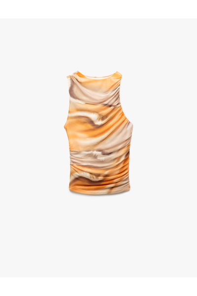 Koton X Sima Tarkan - Draped Crew Neck Tie-Dye Patterned Sleeveless Tulle Blouse