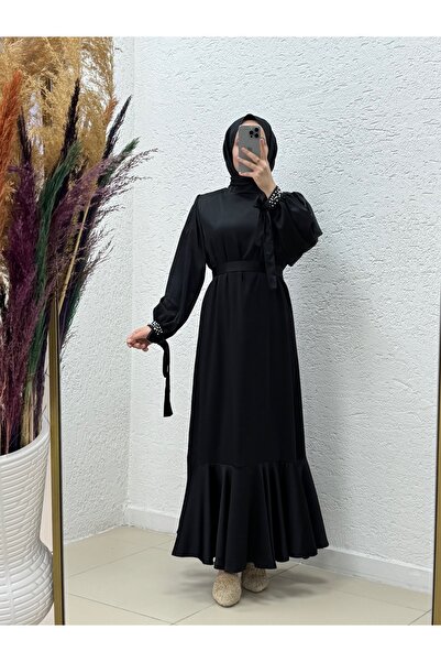 MİHRA STORE فستان زارا ساتان بأكمام أوريليرا مع لؤلؤ ورباط - ek26 أسود