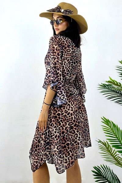 FashionForYou Cardigan scurt de plajă NaLLA, cu mâneci evazate și șnur în talie, imprimeu animal print leopard bej, mărimea S