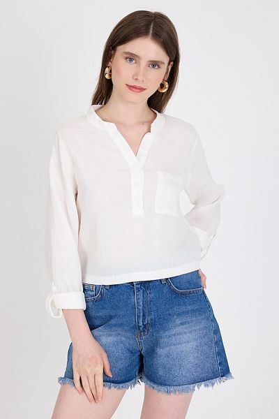 Rays Cămașă crop albă 100% bumbac cu aspect de in, cu guler dominant 4702A