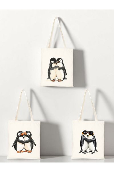 lili hediyelik Hugging Penguins Printed Cloth Bag 3-Piece Shoulder Bag - Shoulder Bag Women
