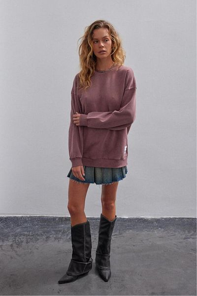 bases. Dusty Rose Faded Effect Basic Crew Neck Oversize Sweatshirt with Inner Fleece