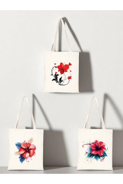 lili hediyelik Flower Theme Printed Cloth Bag 3-Piece Shoulder Bag - Birthday Gift for Women Gift Product Item
