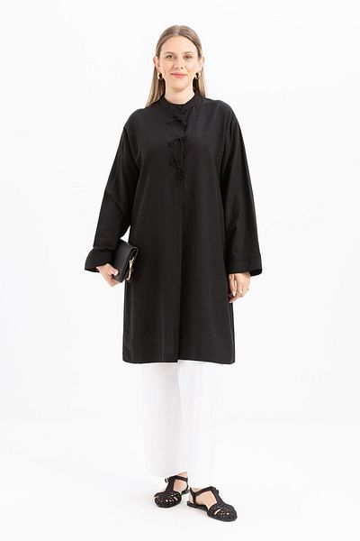 ALLDAY Black-Half Placket Tie-Up Linen Tunic