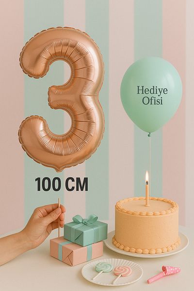 hediyeofisi Foil Balloon 3 Number Helium Balloon 100 Cm Rose Color - 3 Years Old Balloon - 3 Years Old Balloon - 3 Number Balloon