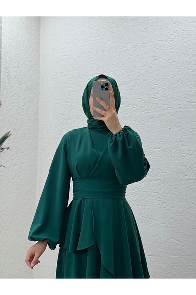 MİHRA STORE Tirona Skirt Detailed Crepe Dress-Pa9646 Emerald Green