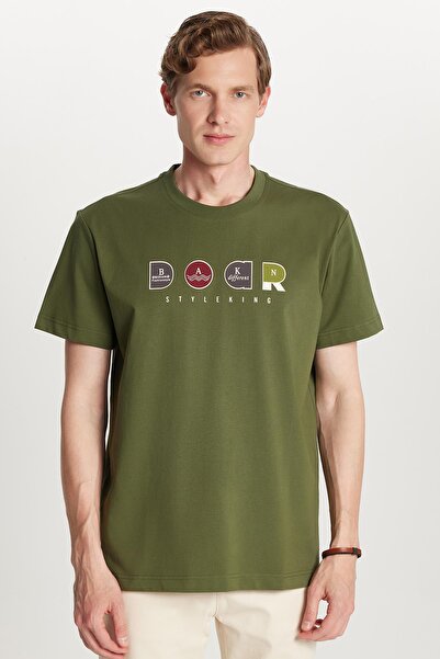 Tudors Relax Fit Relaxed Cut Cotton Front Print Detailed Crew Neck Khaki Men's T-Shirt