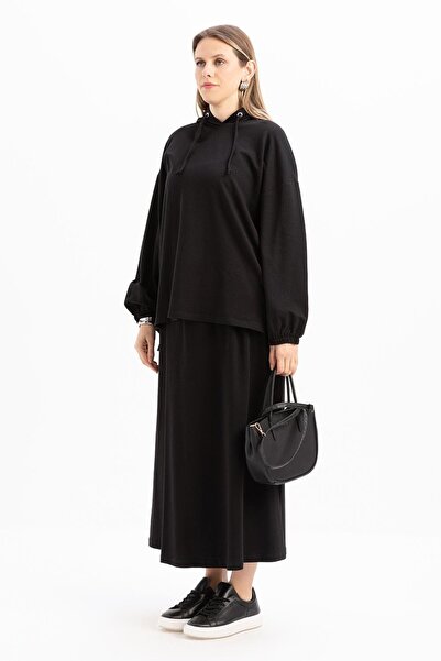 ALLDAY Siyah-Kapüşonlu Likralı Etekli Takım