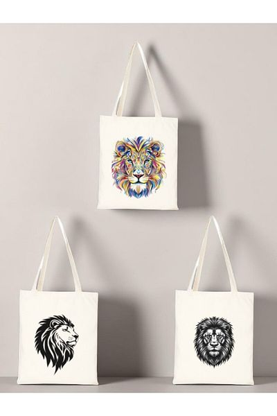 lili hediyelik Lion Printed Cloth Bag 3-Piece Shoulder Bag - Birthday Gift for Women Gift Product Merchandise