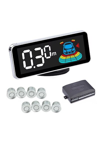OEM Parking sensors front and rear, light gray color with 8 sensors, LCD display, and sound warning
