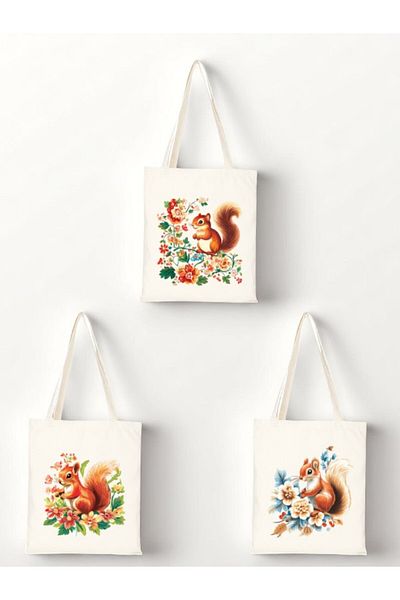lili hediyelik Flower and Squirrel Printed Cloth Bag 3-Piece Shoulder Bag - Women's Cloth Bag