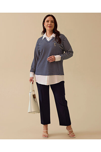 Gala-Xi Büyük Beden Aksesuarlı Çizgili Sweatshirt