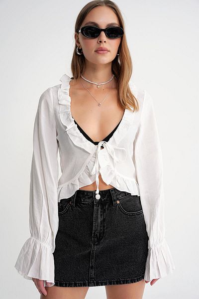Mixray 4712 Women's Flounced Modal Bolero Blouse White