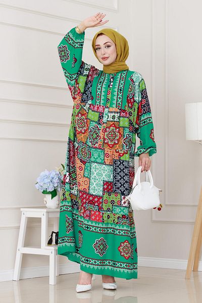 Sevitli Half Button Robe Patch Pattern Dress-Green
