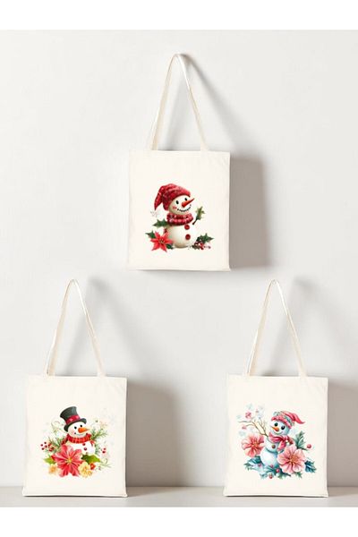 lili hediyelik Flower and Snowman Printed Cloth Bag 3-Piece Shoulder Bag - Birthday Gift for Women