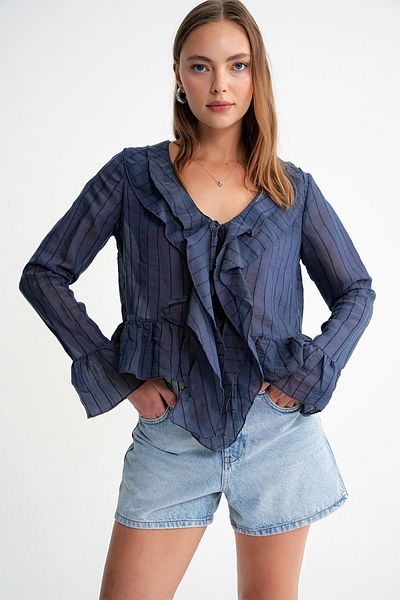 Mixray 4710 Women's Flounced Transparent Bolero Blouse Navy Blue