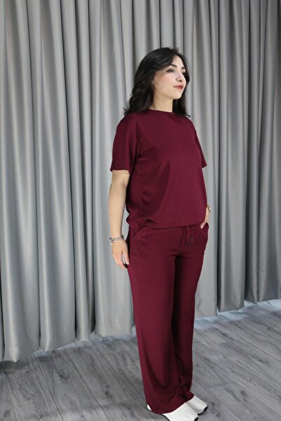 Giyimodam Women's Crew Neck Modal Fabric Burgundy Two-Piece Suit