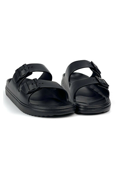 KAJILA Unisex Black Double Buckle Non-Slip Sole Adjustable Lightweight Daily Beach Slippers